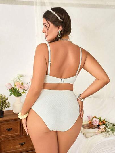 Swim Mod امرأة بحجم كبير، 2 قطع، ملابس علوية بكوني بلون سادة وذي صدرة متقاطعة، وسراويل بيكيني ذات خصر عالي، مناسب للارتداء اليومي، الشاطئ والمنتجعات