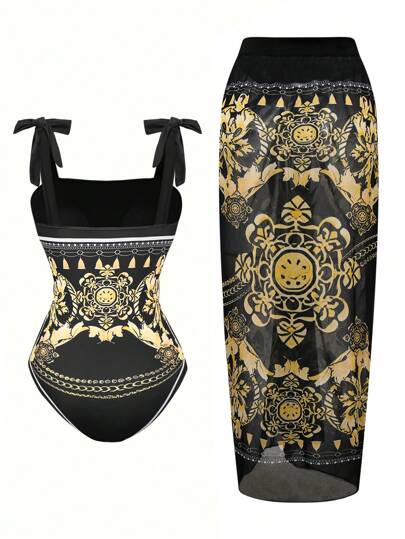 Swim Oasis بلوزة + تنورة بقطعة واحدة من النسيج المحبوك مطرز باللون الأسود مع جيب ديري، بدلة سباحة قطعة واحدة بتصميم بسيط للعطلات (مقاس كبير للسيدات)