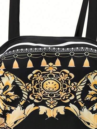 Swim Oasis بلوزة + تنورة بقطعة واحدة من النسيج المحبوك مطرز باللون الأسود مع جيب ديري، بدلة سباحة قطعة واحدة بتصميم بسيط للعطلات (مقاس كبير للسيدات)