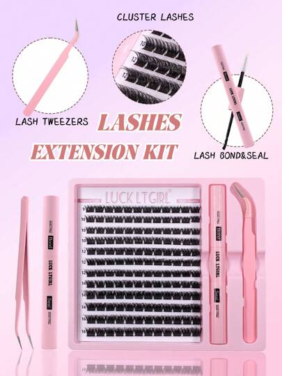 مجموعة رموش D-Curl من LUCK LTGIRL، 144 قطعة، رموش بطول 9-16 مم، تتضمن ملقطًا، ورابطًا وختمًا 2 في 1، سهلة الاستخدام للمبتدئين