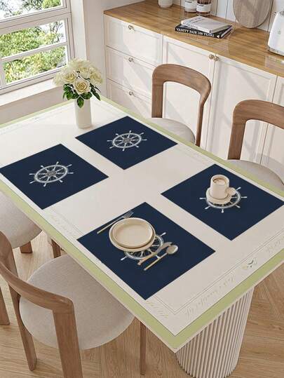 1 قطعة/4 قطع/6 قطع من البالسات المطبوعة بدفة السفينة و عجلة القيادة - لون أزرق داكن وأبيض، مصنوعة من البوليستر قابلة للغسيل في الغسالة، مستطيلة الشكل لديكور المنزل والمطبخ والأحزاب وأعياد الميلاد والهدايا العيدية، أدوات مائدة الحزب | طراز بحري |...