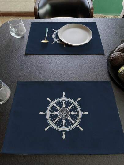 1 قطعة/4 قطع/6 قطع من البالسات المطبوعة بدفة السفينة و عجلة القيادة - لون أزرق داكن وأبيض، مصنوعة من البوليستر قابلة للغسيل في الغسالة، مستطيلة الشكل لديكور المنزل والمطبخ والأحزاب وأعياد الميلاد والهدايا العيدية، أدوات مائدة الحزب | طراز بحري |...