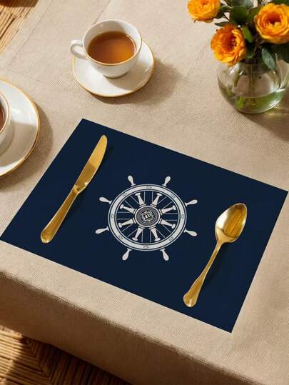 1 قطعة/4 قطع/6 قطع من البالسات المطبوعة بدفة السفينة و عجلة القيادة - لون أزرق داكن وأبيض، مصنوعة من البوليستر قابلة للغسيل في الغسالة، مستطيلة الشكل لديكور المنزل والمطبخ والأحزاب وأعياد الميلاد والهدايا العيدية، أدوات مائدة الحزب | طراز بحري |...