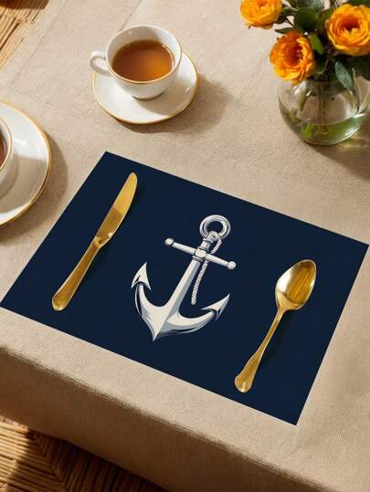 1 قطعة/4 قطع/6 قطع من توضع الطاولة المطبوع عليها عجلة القيادة والسفينة - باللون الأزرق البحري والأبيض مصنوعة من البوليستر قابلة للغسيل في الغسالة، لاستخدام المنزل والمطبخ والحفلات وهدايا أعياد الميلاد والمناسبات، أدوات مائدة حفلة بنمط بحري، توضع...