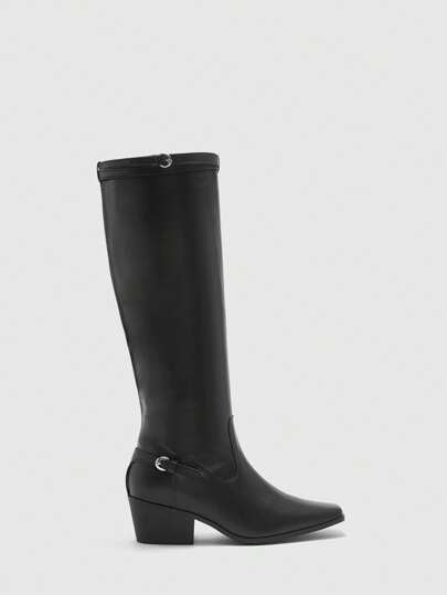 CUCCOO BIZCHIC بوت نسائية كعب سميك مربع الأصبع، قماش بولي يوريثان أسود مزين بإبزيم فضي، عصرية ومريحة للارتداء اليومي والمناسبات الرسمية