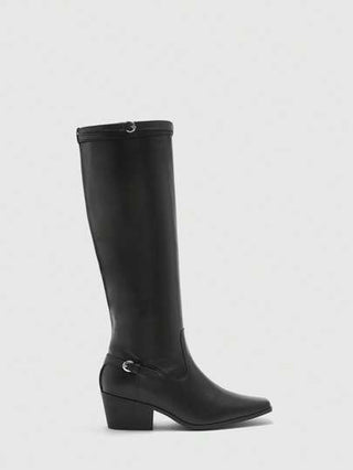 CUCCOO BIZCHIC بوت نسائية كعب سميك مربع الأصبع، قماش بولي يوريثان أسود مزين بإبزيم فضي، عصرية ومريحة للارتداء اليومي والمناسبات الرسمية