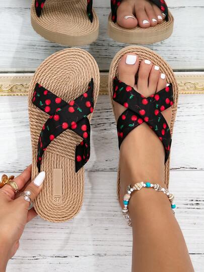 صنادل نسائية مسطحة بفتحة انزلاق، طباعة الكرز، موضة، ذات بطانة سميكة، أحذية شاطئ صيفية
