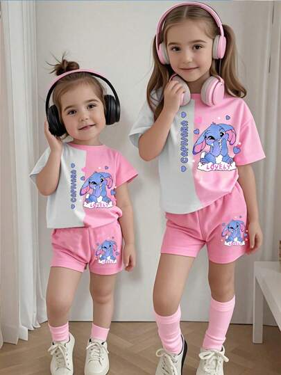 مجموعة قميص كم قصير وشورت باللون المُحجب للرضيعة البنت، زخرفة برسم ارنب وقلب، مناسب للعطلات