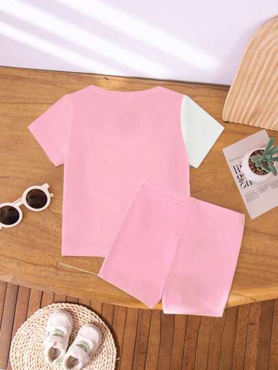مجموعة قميص كم قصير وشورت باللون المُحجب للرضيعة البنت، زخرفة برسم ارنب وقلب، مناسب للعطلات