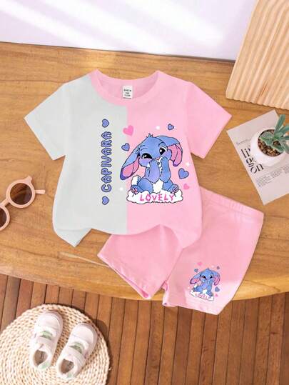 مجموعة قميص كم قصير وشورت باللون المُحجب للرضيعة البنت، زخرفة برسم ارنب وقلب، مناسب للعطلات