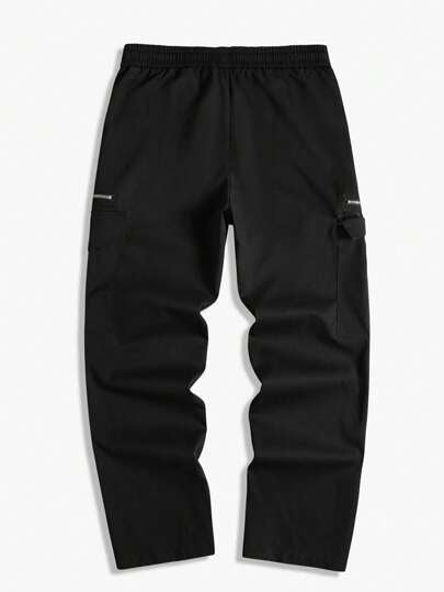 Manfinity Homme بنطلون رجالي بخصر ربطة بجيوب كارجو ذو لون أحادي كاجوال