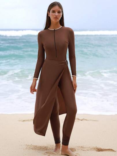 Swim Shayni ملابس سباحة متواضعة للنساء- بدلة سباحة من قطعة واحدة كاملة الغطاء وأكمام طويلة وبرقع سباحة متكاملة قطعتين كاجوال