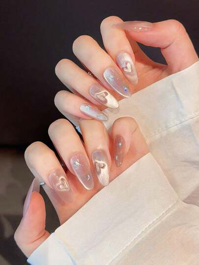 10 قطعة أظافر مزيفة قصيرة ذات تصميم قرنية ثلاثية الأبعاد على شكل فراشة مرصعة بالألماس والترتر الوردي، تزيين مخصص لأعياد الحب والأعراس وأيام الزفاف و الاستخدام اليومي، شفافة بطبقة لاصقة جيلي وملف أظافر