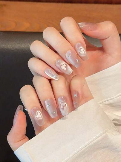 10 قطعة أظافر مزيفة قصيرة ذات تصميم قرنية ثلاثية الأبعاد على شكل فراشة مرصعة بالألماس والترتر الوردي، تزيين مخصص لأعياد الحب والأعراس وأيام الزفاف و الاستخدام اليومي، شفافة بطبقة لاصقة جيلي وملف أظافر