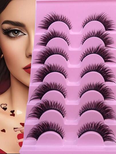 7 أزواج رموش جديد بنمط عيون القطة طبيعية طويلة ذات شريط شفاف محرف عند الأطراف رمش طويل فوق العين ضفيرة صناعية خفية للمكياج