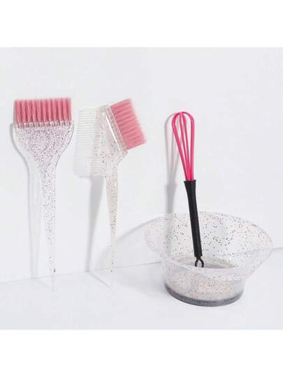 4 قطع طقم أدوات تصفيف الشعر بلمسة لامعة، مشط صبغ الشعر، فرشاة صبغ الزيت، فرشاة شعر ناعمة أحادية الجانب شفافة لؤلؤية، عصا خلط صبغ الشعر، وعاء صبغ التفتيح