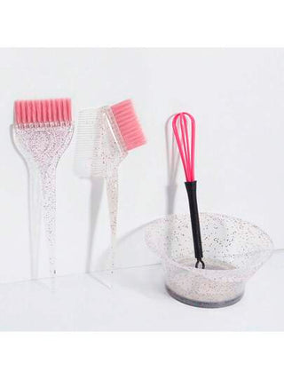 4 قطع طقم أدوات تصفيف الشعر بلمسة لامعة، مشط صبغ الشعر، فرشاة صبغ الزيت، فرشاة شعر ناعمة أحادية الجانب شفافة لؤلؤية، عصا خلط صبغ الشعر، وعاء صبغ التفتيح