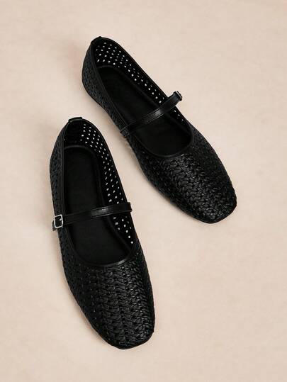 Rosivie أحذية شقة أنيقة للنساء موديل صيف 2025، ذات أصبع مربع فرنسي متعدد الاستخدامات، بنقشة نسيجية سوداء مفرّغة، ذات شريط منخفض التقطيع، مريحة وقابلة للتنفس