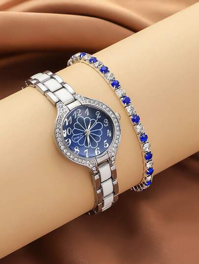 6 قطع/مجموعة ساعة يد كوارتز مع رقمية عربية بسيطة مع سوار من الصلب، مع قلادة أحجار كريمة، مناسبة للهدايا في عيد الميلاد والاستخدام اليومي