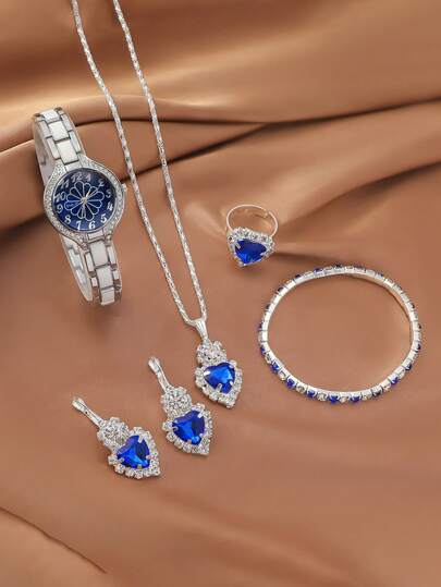 6 قطع/مجموعة ساعة يد كوارتز مع رقمية عربية بسيطة مع سوار من الصلب، مع قلادة أحجار كريمة، مناسبة للهدايا في عيد الميلاد والاستخدام اليومي