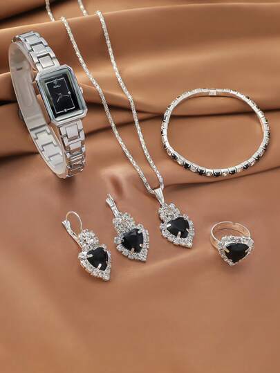 6 قطع/مجموعة ساعة يد كوارتز مع رقمية عربية بسيطة مع سوار من الصلب، مع قلادة أحجار كريمة، مناسبة للهدايا في عيد الميلاد والاستخدام اليومي