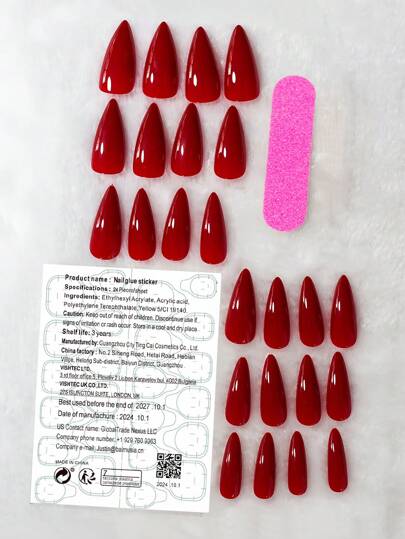 24 قطعة أظافر لاصقة لامعة ذات لون أحمر متوسط الحجم بشكل اللوز، مع ملف أظافر 1، وملصق لاصق 1، وعصا 1