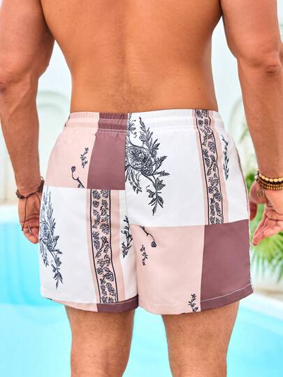 Manfinity VDAYZ شورتات شاطئ ذات خصر قابل للسحب بطبعات زهرية للرجال