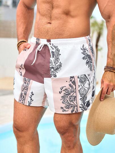 Manfinity VDAYZ شورتات شاطئ ذات خصر قابل للسحب بطبعات زهرية للرجال