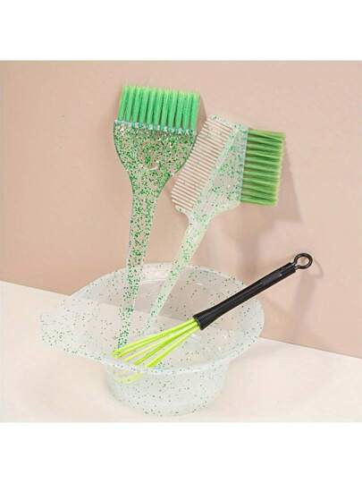 4 قطع من طقم تصفيف الشعر المتلألئ ، مشط صبغ الشعر ، فرشاة صبغ الزيت ، فرشاة شعر شفافة أحادية الجانب بخرزات لؤلؤية ناعمة ، خلاط صبغ الشعر ، وعاء تفتيح الشعر