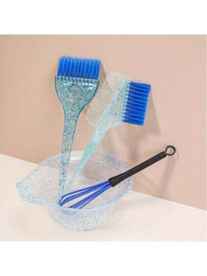 4 قطع من طقم تصفيف الشعر المتلألئ ، مشط صبغ الشعر ، فرشاة صبغ الزيت ، فرشاة شعر شفافة أحادية الجانب بخرزات لؤلؤية ناعمة ، خلاط صبغ الشعر ، وعاء تفتيح الشعر