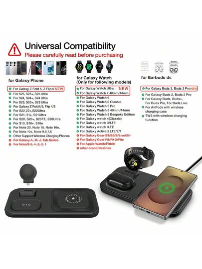 شاحن لاسلكي متوافق مع سامسونج: محطة شحن لاسلكي سريع ب- 3 في 1 متوافق مع ساعة سامسونج جالاكسي 7 6 5 4 3 برو كلاسيكي و سماعات جالاكسي - حامل شاحن متوافق مع سامسونج S25 S24 أولترا S23 S22 S21 ملاحظة Z طي/انعطاف أندرويد