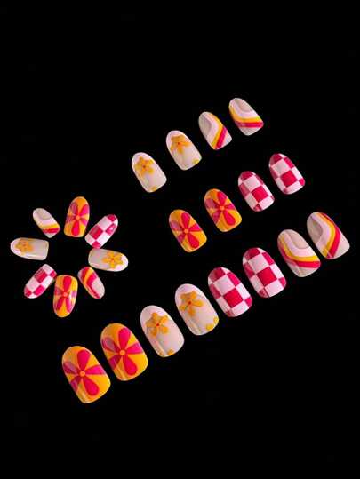 إضافة لمسة من الجو 24 قطعة أظافر لاصقة متوسطة الحجم بتصميم موضة ملون كرافيتي بشكل بيضاوي، بطبعة مربعات وردية، وبتصميم زهري أحمر ،جميلة وكيوت، أظافر صيفية ريفية، مجموعة أظافر لاصقة قابلة للإزالة وإعادة الاستخدام، مناسبة للفتيات والنساء لحياتهن...