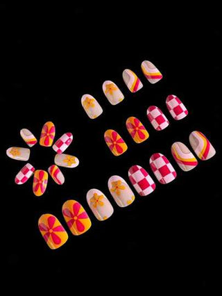 إضافة لمسة من الجو 24 قطعة أظافر لاصقة متوسطة الحجم بتصميم موضة ملون كرافيتي بشكل بيضاوي، بطبعة مربعات وردية، وبتصميم زهري أحمر ،جميلة وكيوت، أظافر صيفية ريفية، مجموعة أظافر لاصقة قابلة للإزالة وإعادة الاستخدام، مناسبة للفتيات والنساء لحياتهن...