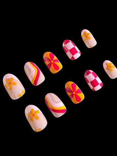 إضافة لمسة من الجو 24 قطعة أظافر لاصقة متوسطة الحجم بتصميم موضة ملون كرافيتي بشكل بيضاوي، بطبعة مربعات وردية، وبتصميم زهري أحمر ،جميلة وكيوت، أظافر صيفية ريفية، مجموعة أظافر لاصقة قابلة للإزالة وإعادة الاستخدام، مناسبة للفتيات والنساء لحياتهن...