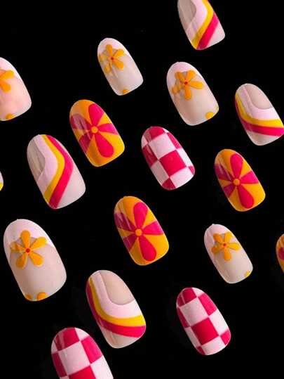 إضافة لمسة من الجو 24 قطعة أظافر لاصقة متوسطة الحجم بتصميم موضة ملون كرافيتي بشكل بيضاوي، بطبعة مربعات وردية، وبتصميم زهري أحمر ،جميلة وكيوت، أظافر صيفية ريفية، مجموعة أظافر لاصقة قابلة للإزالة وإعادة الاستخدام، مناسبة للفتيات والنساء لحياتهن...