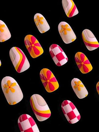 إضافة لمسة من الجو 24 قطعة أظافر لاصقة متوسطة الحجم بتصميم موضة ملون كرافيتي بشكل بيضاوي، بطبعة مربعات وردية، وبتصميم زهري أحمر ،جميلة وكيوت، أظافر صيفية ريفية، مجموعة أظافر لاصقة قابلة للإزالة وإعادة الاستخدام، مناسبة للفتيات والنساء لحياتهن...