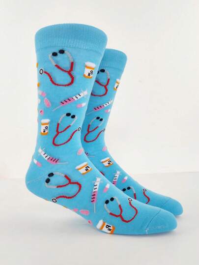 زوج من الجوارب بطاقم الطبي، ذو رسومات للمنظار الطبي والإبرة، بلون أزرق نقي، متعدد الاستخدامات لجميع الفصول، مناسب للعاملين في الرعاية الصحية