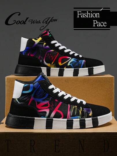 أحذية رياضية كاجوال عالية أنيقة مريحة للرجال، مطبوعة بنقشات ملونة ومخطط، من الأعلى بنمط أربطة، أحذية شارع للخروج والتنقلات، بنمط حرفي شخصي، للأزواج، أحذية مسطحة