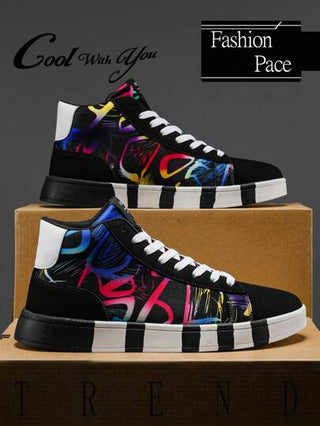 أحذية رياضية كاجوال عالية أنيقة مريحة للرجال، مطبوعة بنقشات ملونة ومخطط، من الأعلى بنمط أربطة، أحذية شارع للخروج والتنقلات، بنمط حرفي شخصي، للأزواج، أحذية مسطحة