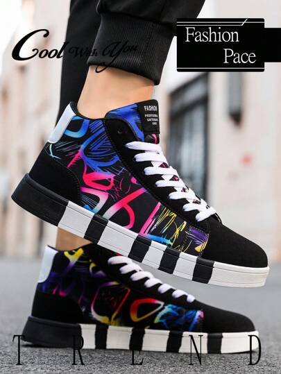 أحذية رياضية كاجوال عالية أنيقة مريحة للرجال، مطبوعة بنقشات ملونة ومخطط، من الأعلى بنمط أربطة، أحذية شارع للخروج والتنقلات، بنمط حرفي شخصي، للأزواج، أحذية مسطحة