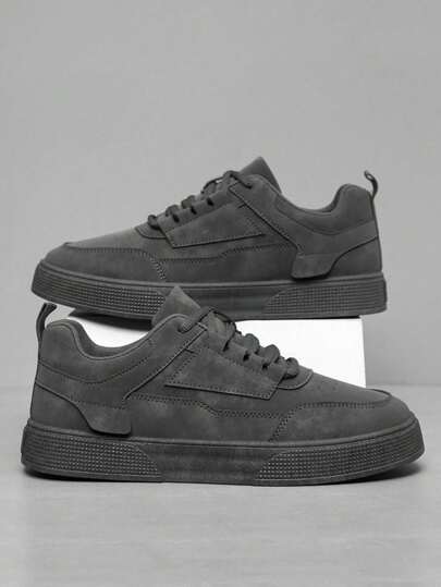 أحذية رياضية للتزحلق باللون الرمادي الأحادي للرجال ذات أربطة أمامية، أحذية رياضية ذات طراز بسيط برؤوس مستديرة وأساس سميك لزيادة الارتفاع