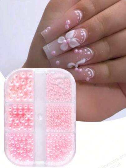 6 تجويفات حاويات تزيين أظافر اللون الوردي بالخرز اللؤلؤي، أحجام متنوعة، خرز وردي جميل لتزيين مجوهرات الأظافر DIY، إكسسوارات فاخرة للفن الأظافر بالراتنج