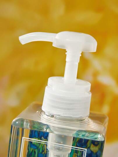 SHEIN Touch of Art زجاجة قابلة لإعادة الملء بسعة 450مل/15.8 أونصة مع طلمبة ذو زخرفة فنية من زهرة السوسن لفان جوخ، مناسبة لحفظ جل الاستحمام والشامبو والبلسم ومستحضرات الجسم السائلة الأخرى في الحمام