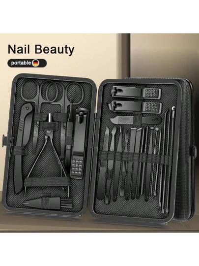 24 قطعة طقم أدوات العناية بالأظافر - مانيكير وبديكير من الصلب المقاوم للصدأ، طقم معدات احترافي للعناية بالأظافر مع علبة سفر فاخرة