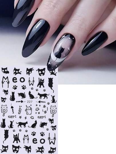Sanrio 2 قطعة ملصقات فن أظافر بتصميم قطة سوداء مقطعة، تصميم 3D بأشكال طول أصابع القطط والعظام والنجوم، ملصقات لاصقة ذاتية لأظافر الهالوين، لوازم أكريليك للمناكير