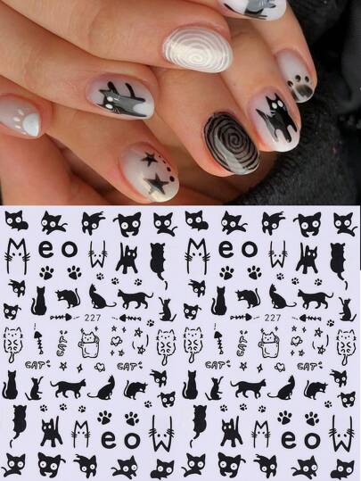 Sanrio 2 قطعة ملصقات فن أظافر بتصميم قطة سوداء مقطعة، تصميم 3D بأشكال طول أصابع القطط والعظام والنجوم، ملصقات لاصقة ذاتية لأظافر الهالوين، لوازم أكريليك للمناكير
