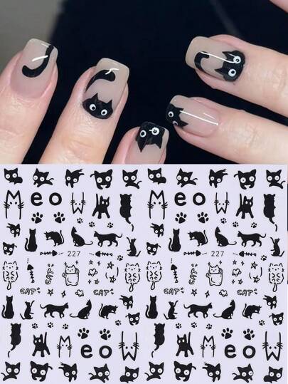 Sanrio 2 قطعة ملصقات فن أظافر بتصميم قطة سوداء مقطعة، تصميم 3D بأشكال طول أصابع القطط والعظام والنجوم، ملصقات لاصقة ذاتية لأظافر الهالوين، لوازم أكريليك للمناكير