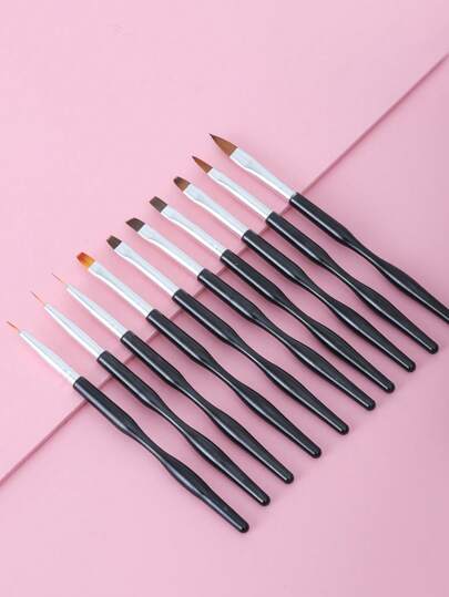 10 قطع طقم فرش فني مناسب للأظافر، أقلام لتصميم الخطوط، أقلام بلورية، أقلام ذات رأس مسطح لعلاج الأشعة الضوئية