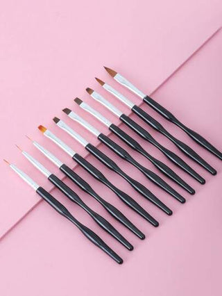 10 قطع طقم فرش فني مناسب للأظافر، أقلام لتصميم الخطوط، أقلام بلورية، أقلام ذات رأس مسطح لعلاج الأشعة الضوئية