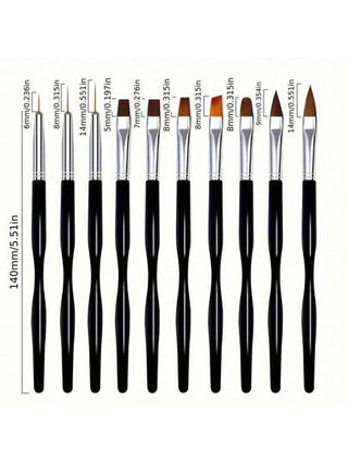 10 قطع طقم فرش فني مناسب للأظافر، أقلام لتصميم الخطوط، أقلام بلورية، أقلام ذات رأس مسطح لعلاج الأشعة الضوئية